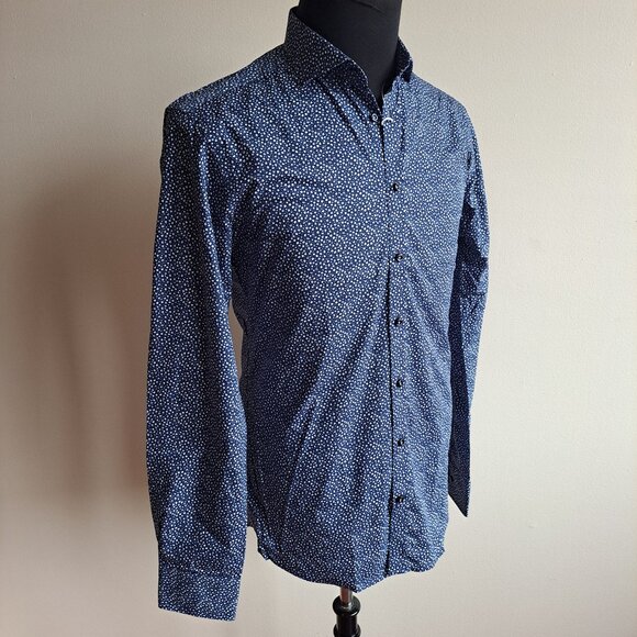 New Bruun & Stengade Men's Slim Fit Floral Button Down Blue Shirt Size 40 - Picture 2 of 16